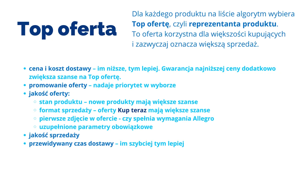 Infografika: co wpływa na wybór Top oferty na Allegro – cena i koszt dostawy, promowanie oferty, jakość oferty, jakość sprzedaży i czas dostawy